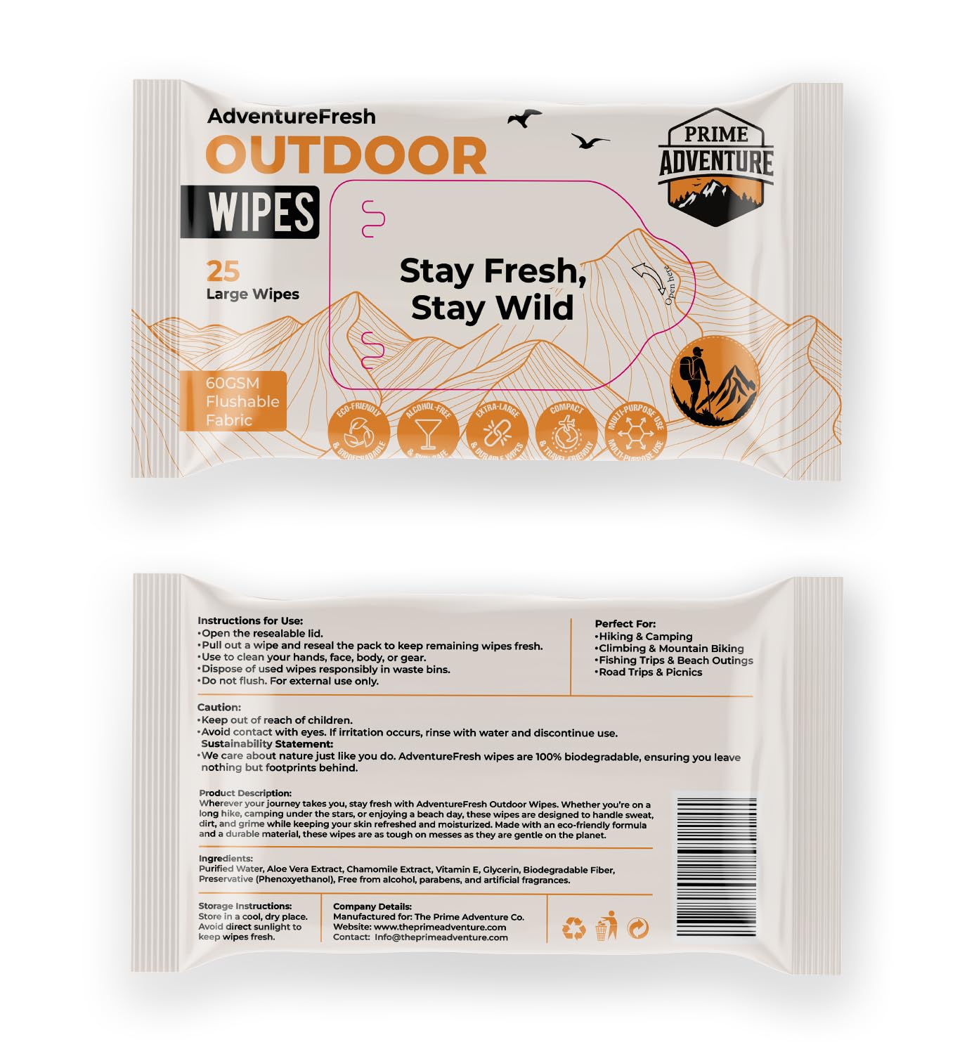 AdventureFresh Outdoor Wipes – Biodegradable, Alcohol-Free Body Wipes for Camping, Hiking & Travel – by Prime Adventure