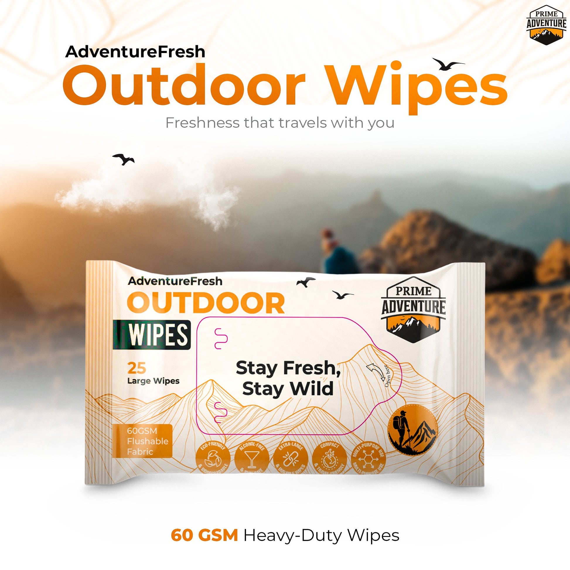 AdventureFresh Outdoor Wipes – Biodegradable, Alcohol-Free Body Wipes for Camping, Hiking & Travel – by Prime Adventure