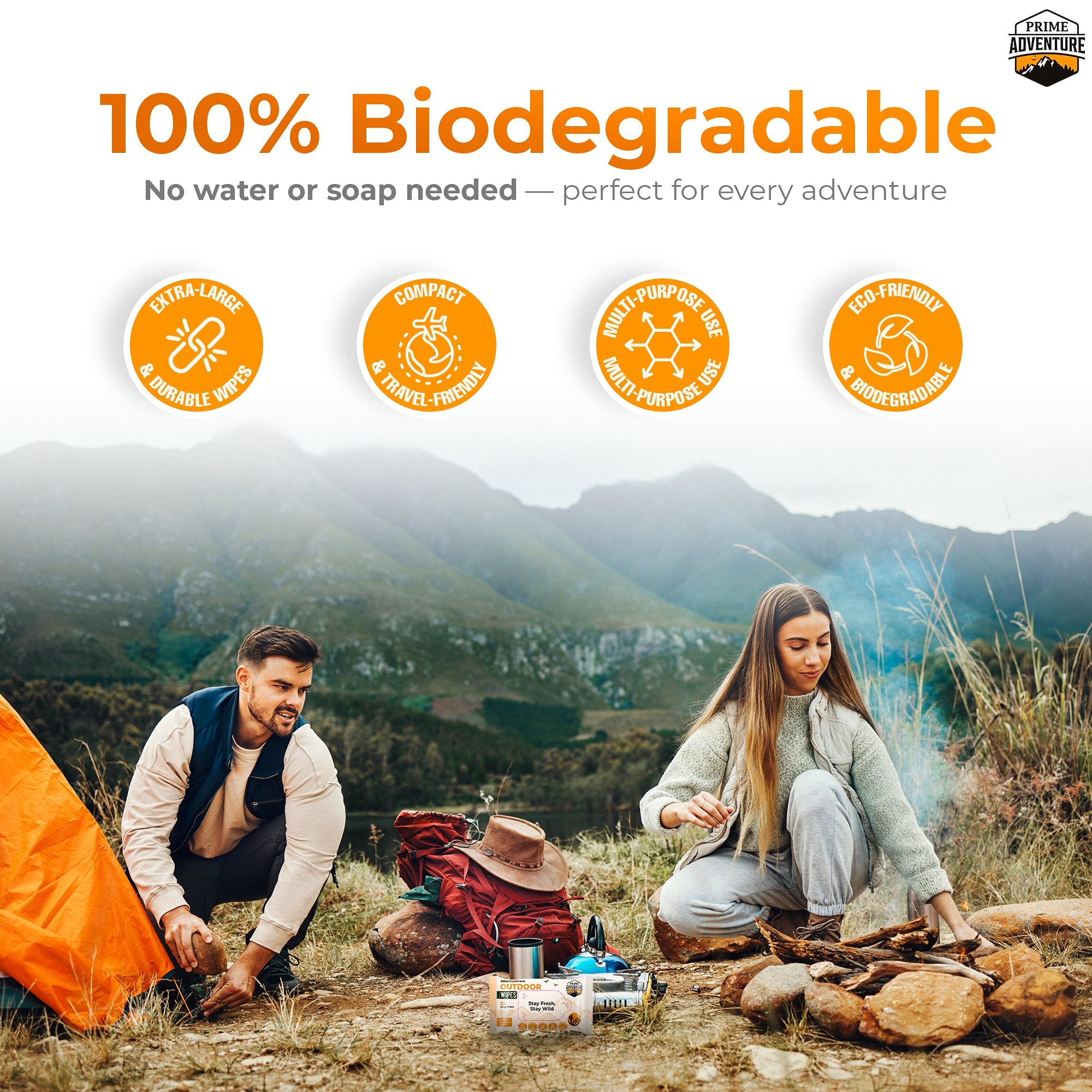 AdventureFresh Outdoor Wipes – Biodegradable, Alcohol-Free Body Wipes for Camping, Hiking & Travel – by Prime Adventure