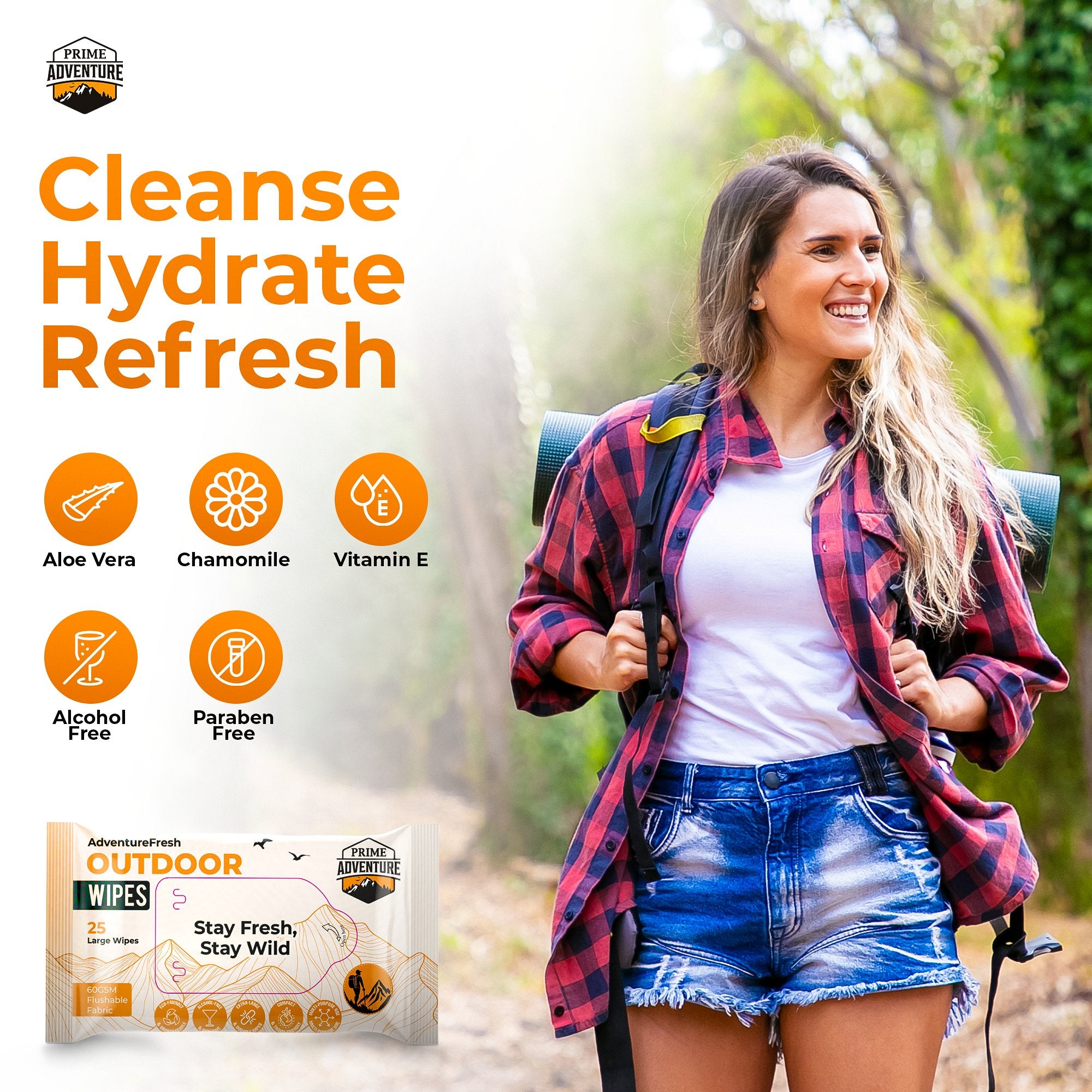 AdventureFresh Outdoor Wipes – Biodegradable, Alcohol-Free Body Wipes for Camping, Hiking & Travel – by Prime Adventure